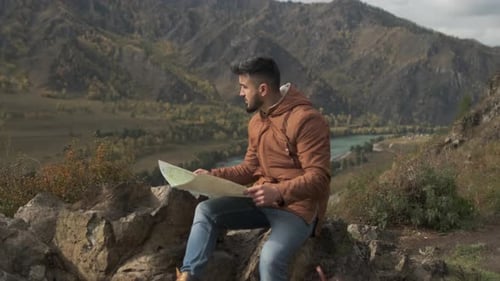 Hiker Tourist Traveler Man with Map Mountain Camping Camp Tent Traveling Hiking Landscape Nature