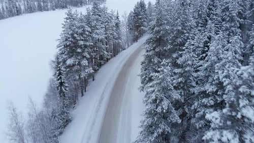 Northern snowy mountain road through alpine forest - Aerial fly-over