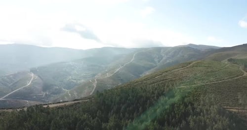 Beautiful aerial view above mountains in Mondim de Basto, Portugal. landscape scenery wide shot in 4