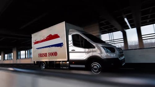 3D Fresh Food Delivery Truck Driving on Highway Animation