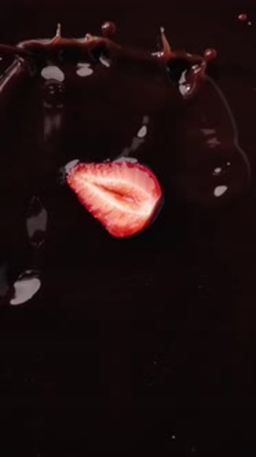 Strawberry Slice Falling into Chocolate Creating Splash