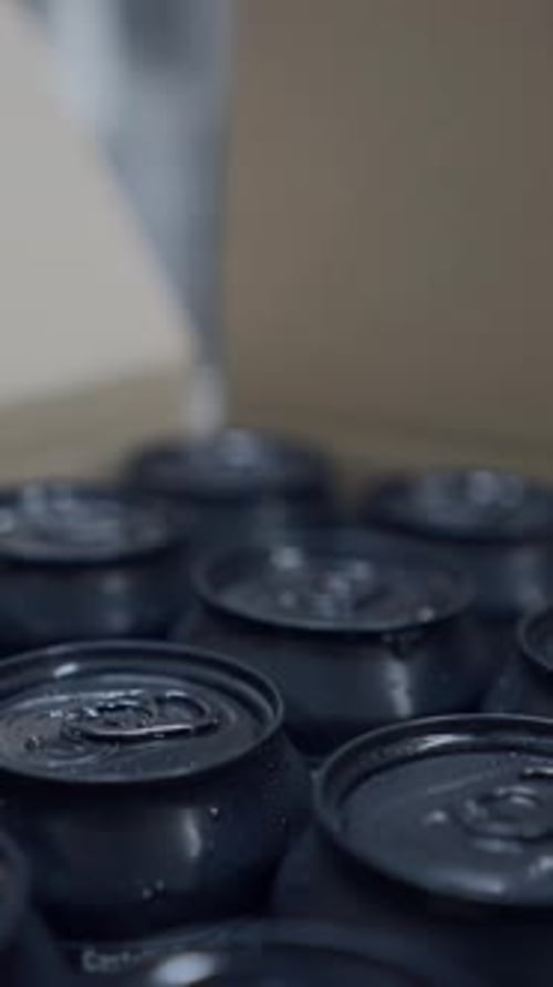 Fresh Batch Of Beers Canned And Boxed In A Beer Factory Close Up Shot