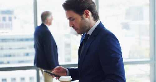 Face, walking or businessman in office with phone online for social media