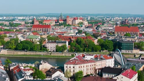 Aerial Hyperlapse of Podgorze District in Krakow with View of Royal Wawel Castle