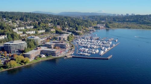 Vue aérienne à couper le souffle du paysage urbain de Seattle, dans l'État de Washington, avec en arrière-plan le mont Rainier