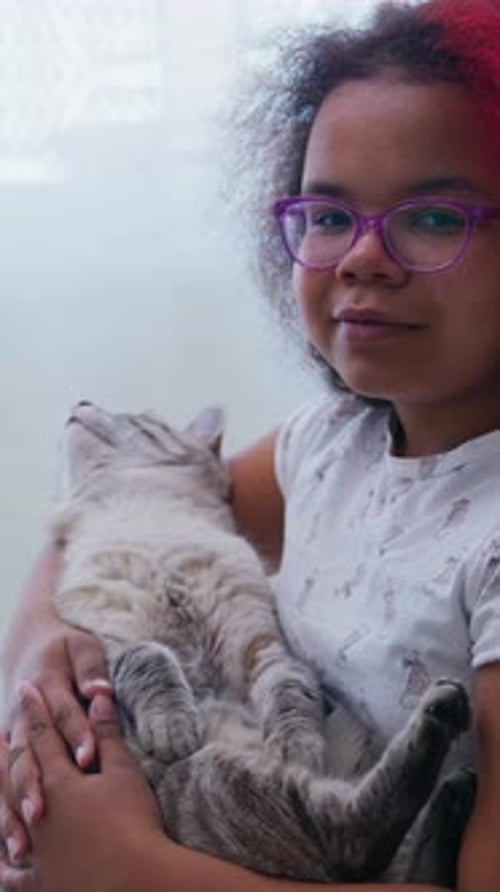Child Cuddles with Gray Cat Indoors in Daytime
