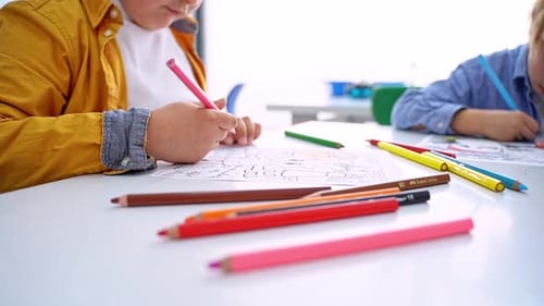 Children Drawing Paint with Colorful Pencils Coloring Book in Educational Class at School