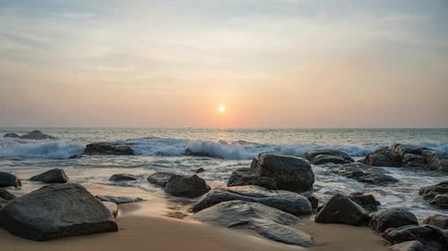 Timelapse of dramatic sunset with orange sky in a cloudy day at the ocean.