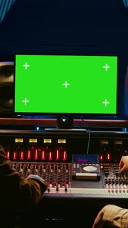 Vertikales Video Verschiedene Produzenten mischen und mastern Tracks mit Mockup-Display auf dem Computer