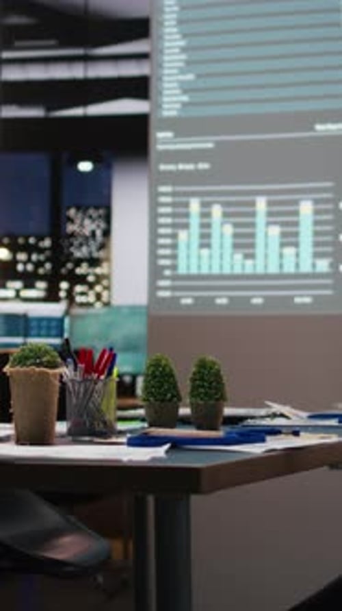 Vertical Video Professional Workspace in a Multinational Enterprise Shows an Empty Dark Office