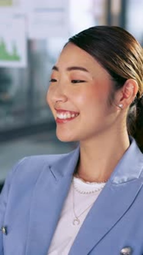 Corporate smile, success and Asian receptionist happy about project management