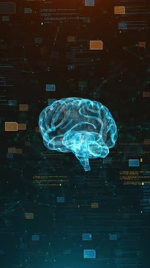 Futuristic Digital Brain Hologram with Data and Code Animation