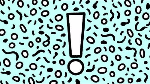 Vibrant animated exclamation marks on dynamic patterned background