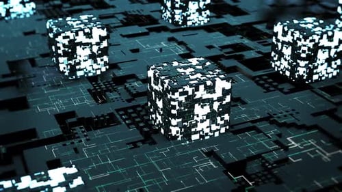 Glowing digital cubes on a complex circuit board