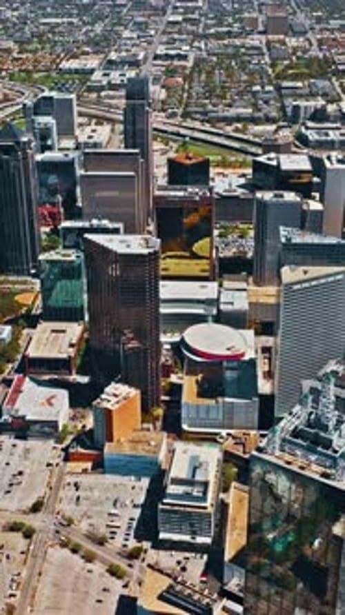 Aerial view of downtown Dallas skyline and streets