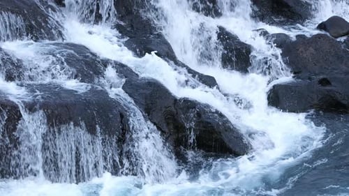Waterfall Mountain River Flowing Through Stone Boulders Clear Stream Iceland
