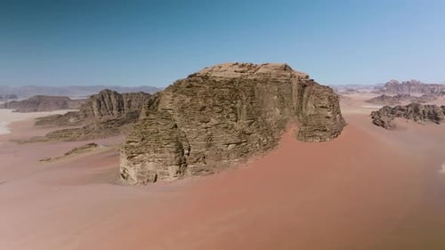 Rugged Mountain At Wadi Rum Desert In Southern Jordan. wide aerial