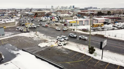 Aerial view of severe car collision in winters, Brompton, Ontario, Canada