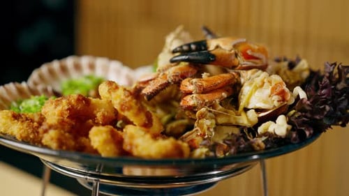 Closeup in a Japanese Restaurant an Expensive Plate of Seafood Ready to Be Served to Guests