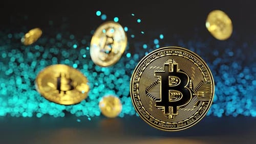 Golden Bitcoin Coin Rotating with Digital Particles Loop