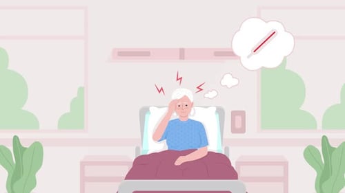 Elderly Patient with Fever and Headache Animated Flat Design