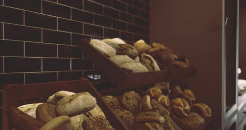 Freshly Baked Bread Displayed in a Cozy Bakery Setting