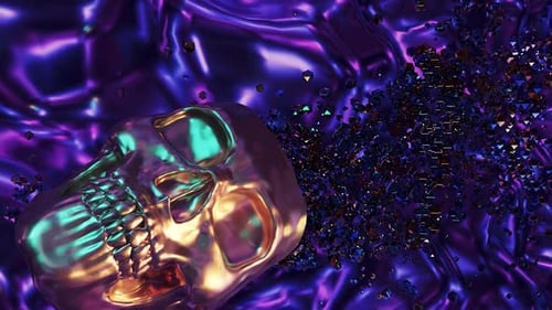Iridescent Metallic Skull with Shimmering Geometric Particles Animation