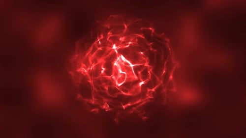 Abstract red energy round sphere glowing with particle waves