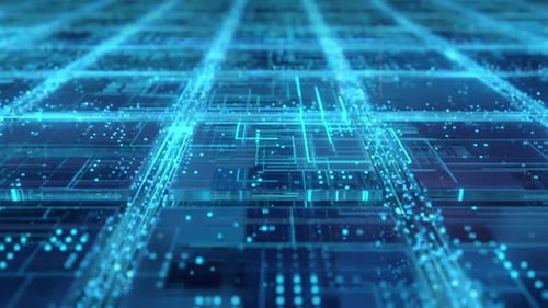 Modelo 3D da placa de circuito do computador quântico com microchips instalados