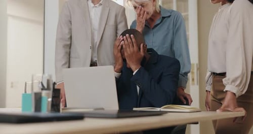 Business people, laptop and stress for bad news, results or investment loss with company mistake