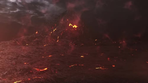 Vulkanberg umgeben von Lavafeld in stürmischer Nacht