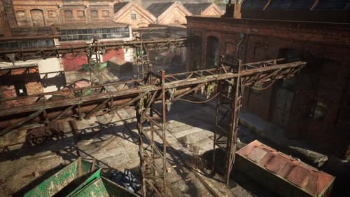 Abandoned Factory with Collapsing Brick Structures and Rusted Machinery