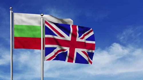 Bulgaria and UK Flags Waving Realistic Animation