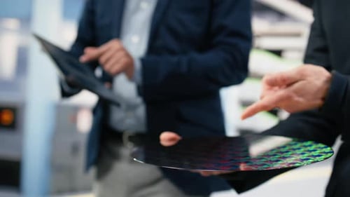 Senior Manager von Microchip Factory testet Chargen von Siliziumwafern mit Tablet