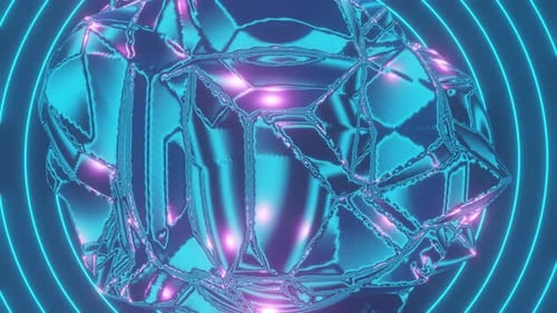 An abstract figure made of glass, metal, liquid rotates against the background of neon rings. Vj loo