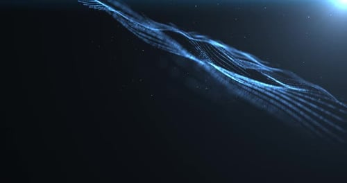 Abstract glowing wave from of particles and dots moves on a blue background, big data visualization