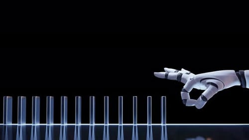 Robotic Hand Pushing Dominoes Chain Reaction Animation