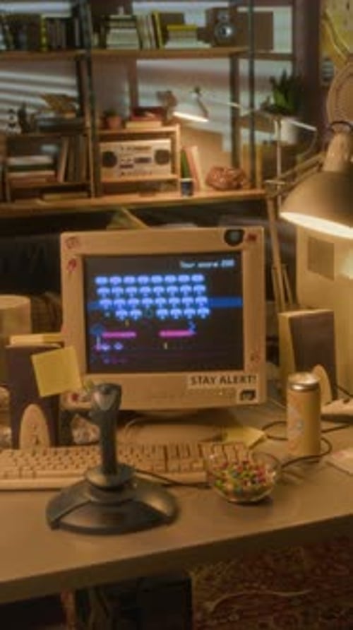 Vintage Computer Playing a Retro Arcade Game