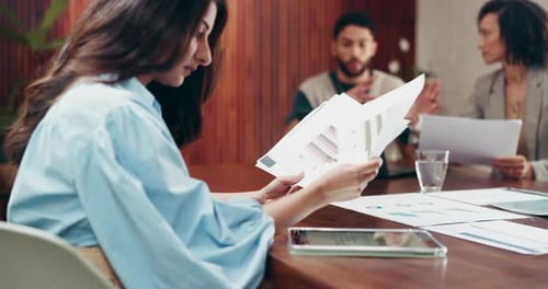 Documents, tablet and businesswoman in office with finance reports for company budget plan meeting