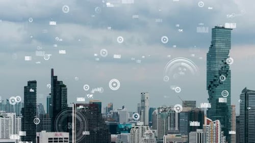 Business Data Analytic Interface Fly Over Smart City Showing Alteration Future