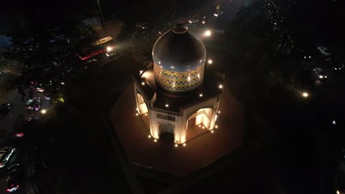 Aerial Drone Footage of roundabout Sabz Burj road in New Delhi India at night