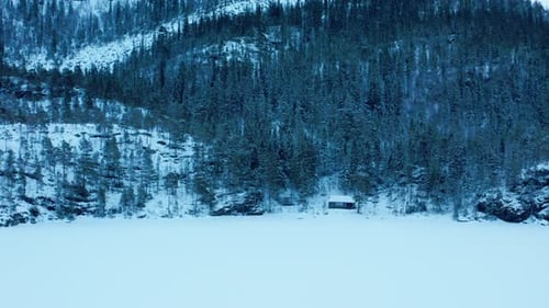 Isolated View Of A Cabin On The Base Of A Forest Mountain During Winter. Aerial Drone Shot