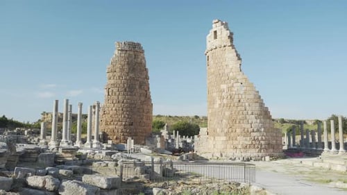 Scenic ruins of Hellenistic city gate in Perge (Perga), Turkey