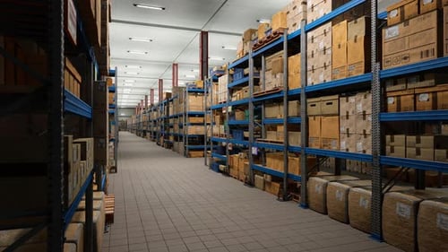 Industrial Warehouse Filled With Storage Boxes Labeled For Shipment