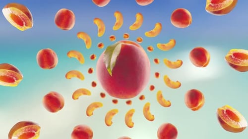 Flying Peach and Peaches Slices in Beach Tropical Summer Background
