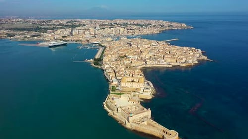 Siracusa, Ortigia Island from the air, Sicily, Italy. Isola di Ortigia, coast of Ortigia island at c
