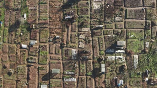 Community garden in autumn, winter, aerial view of small farming plots in urban area, sustainable an