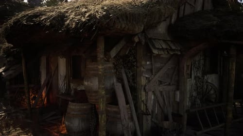 Authentic Rustic Hut with Thatched Roof Near Wooded Area During Twilight