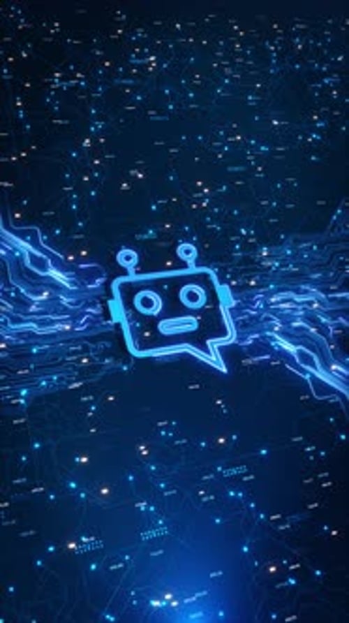 Konzept für künstliche Intelligenz: Blaue Schaltung und Bot-Symbol, Roboter-Chat-Symbol, verbunden mit Daten