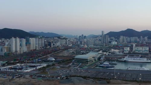 Busan Port sunrise aerial view, South Korea